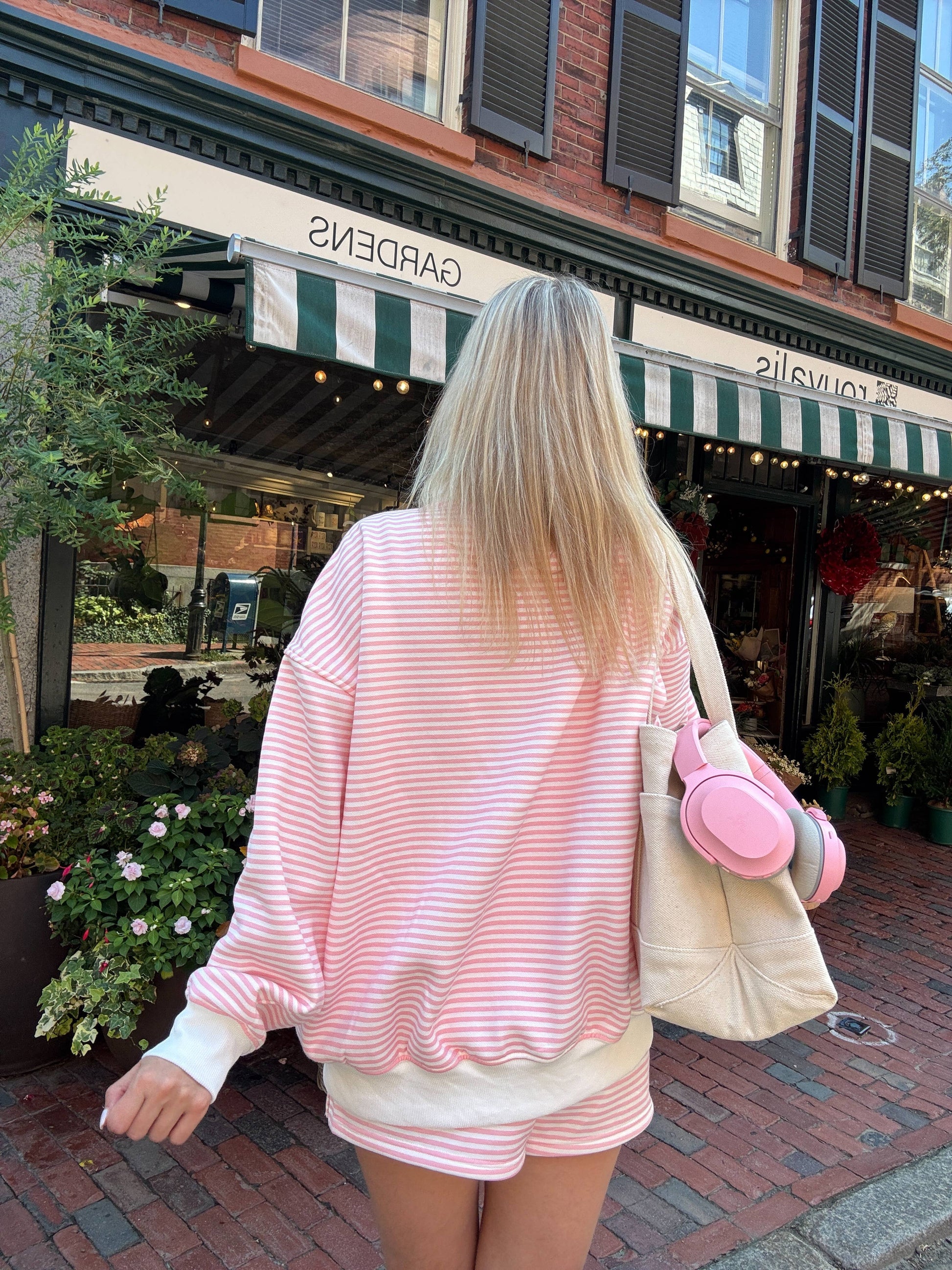 LIGHT PINK AND BIG STRIPED MOCKNECK SWEATSHIRT