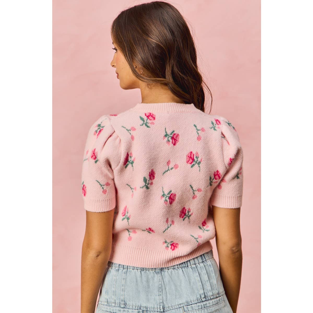 FLORAL PATTERN KNIT PUFF SLEEVES SWEATER TOP