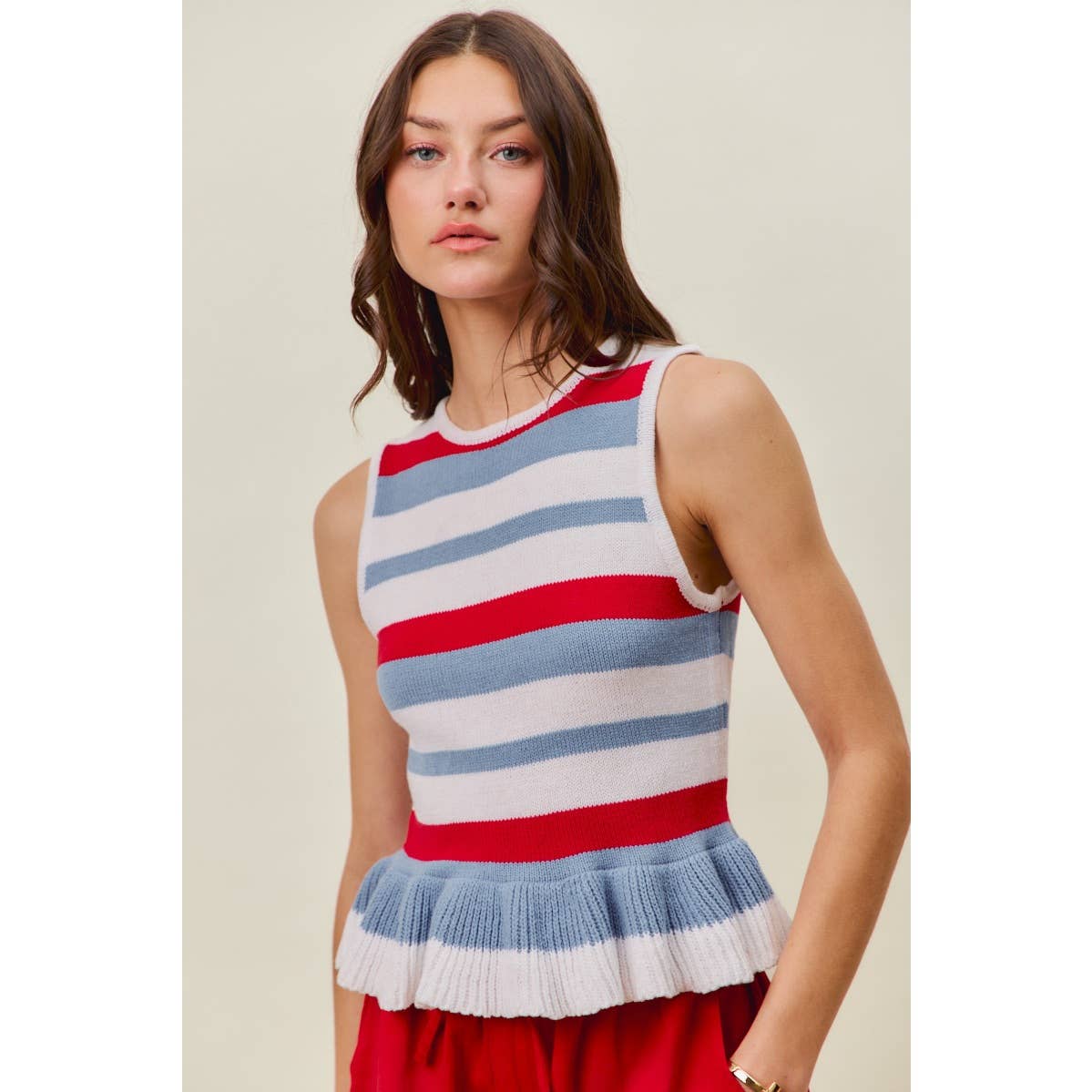 4TH OF JULY STRIPE RUFFLE BOTTOM SWEATER KNIT TOP
