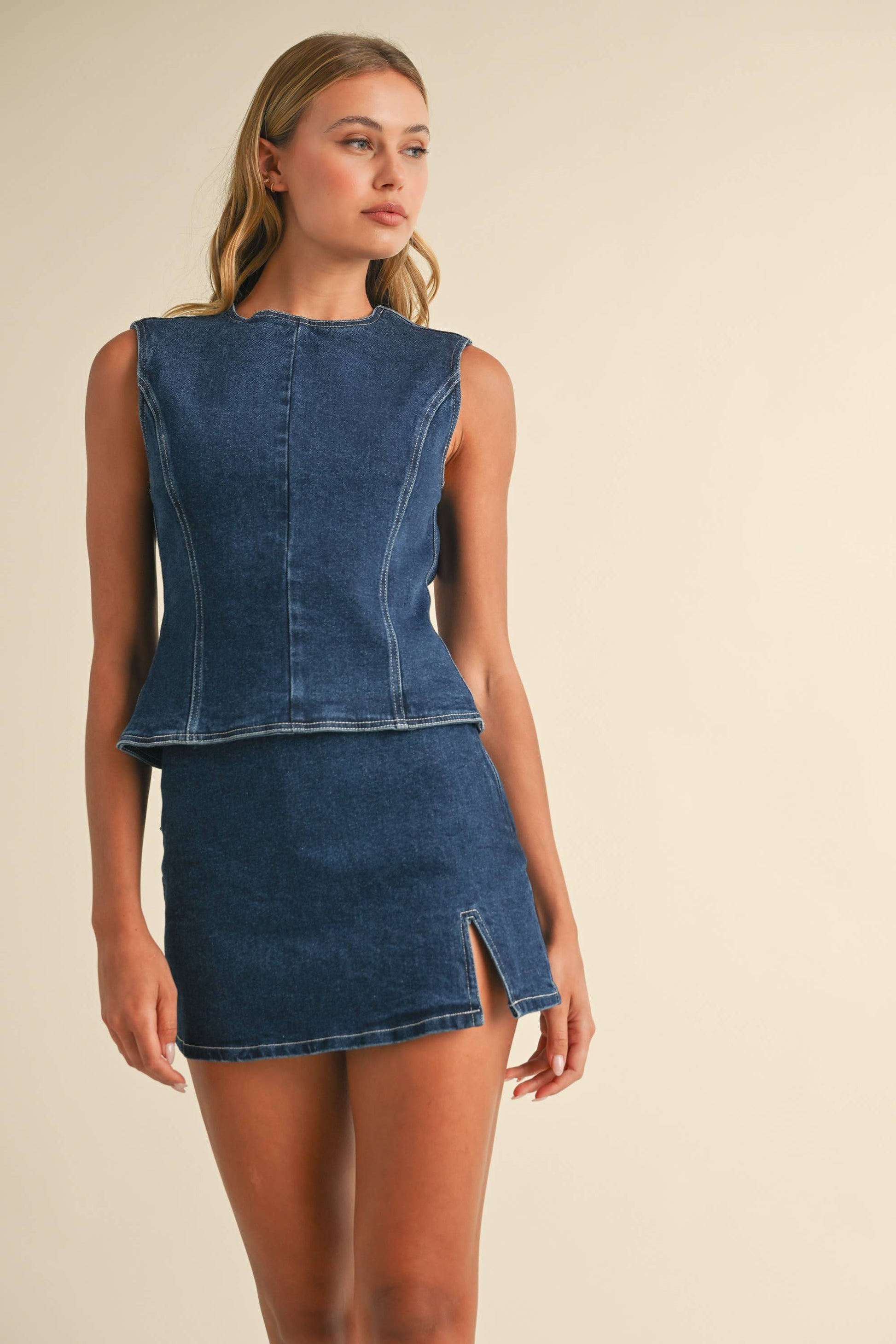 DENIM OPEN BACK TOP WITH BOW DETAIL AND MINI SKIRT