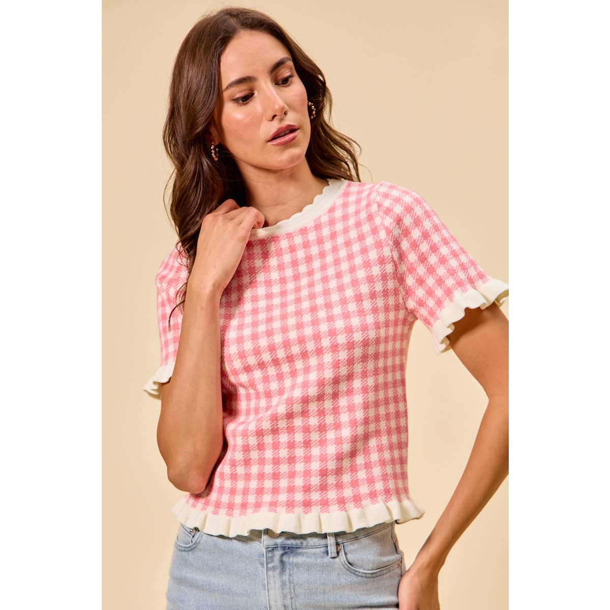 GINGHAM KNIT RUFFLED SHORT SLEEVES SWEATER TOP