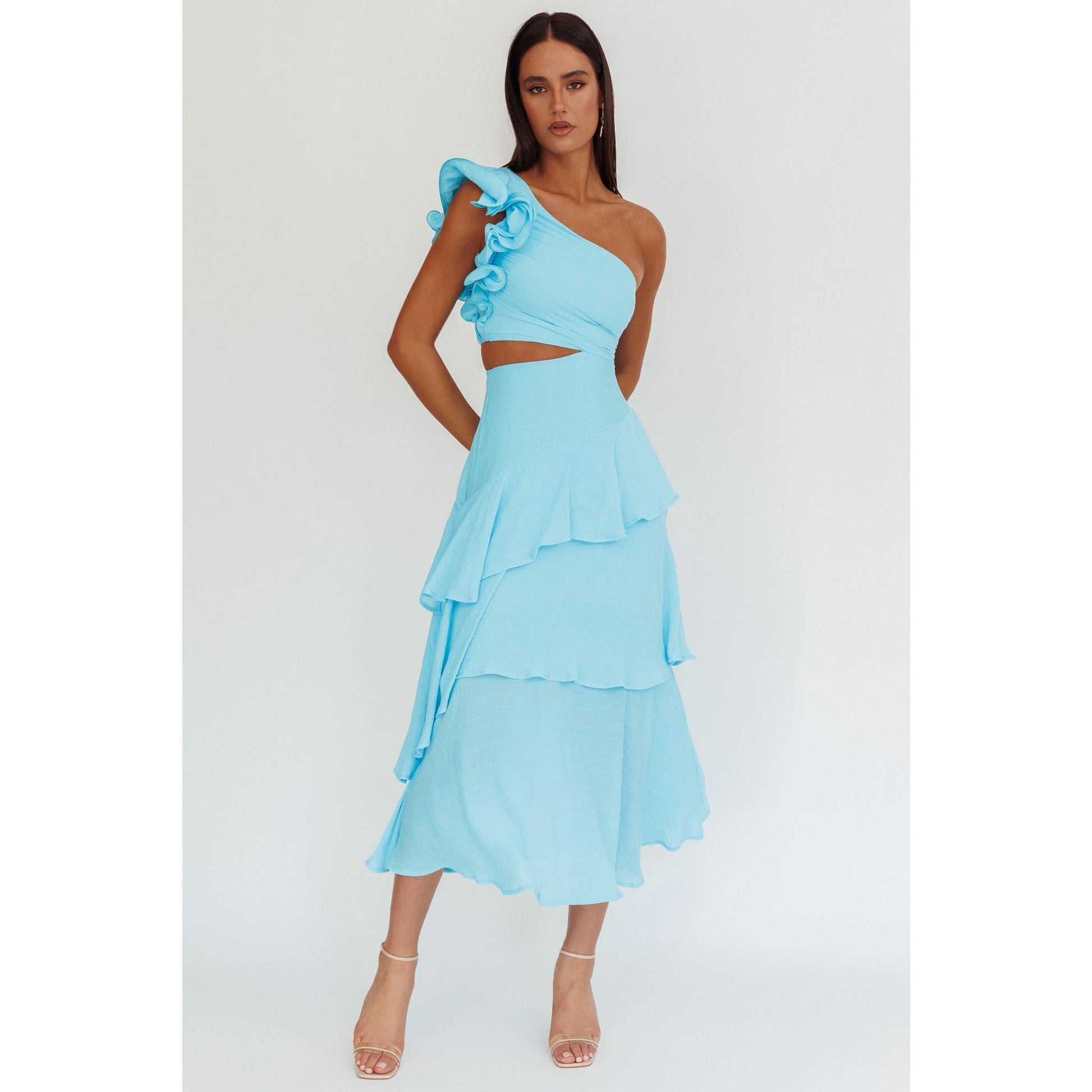 ONE SHOULDER RUFFLE MAXI DRESS