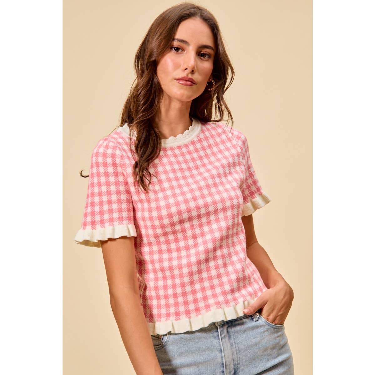 GINGHAM KNIT RUFFLED SHORT SLEEVES SWEATER TOP