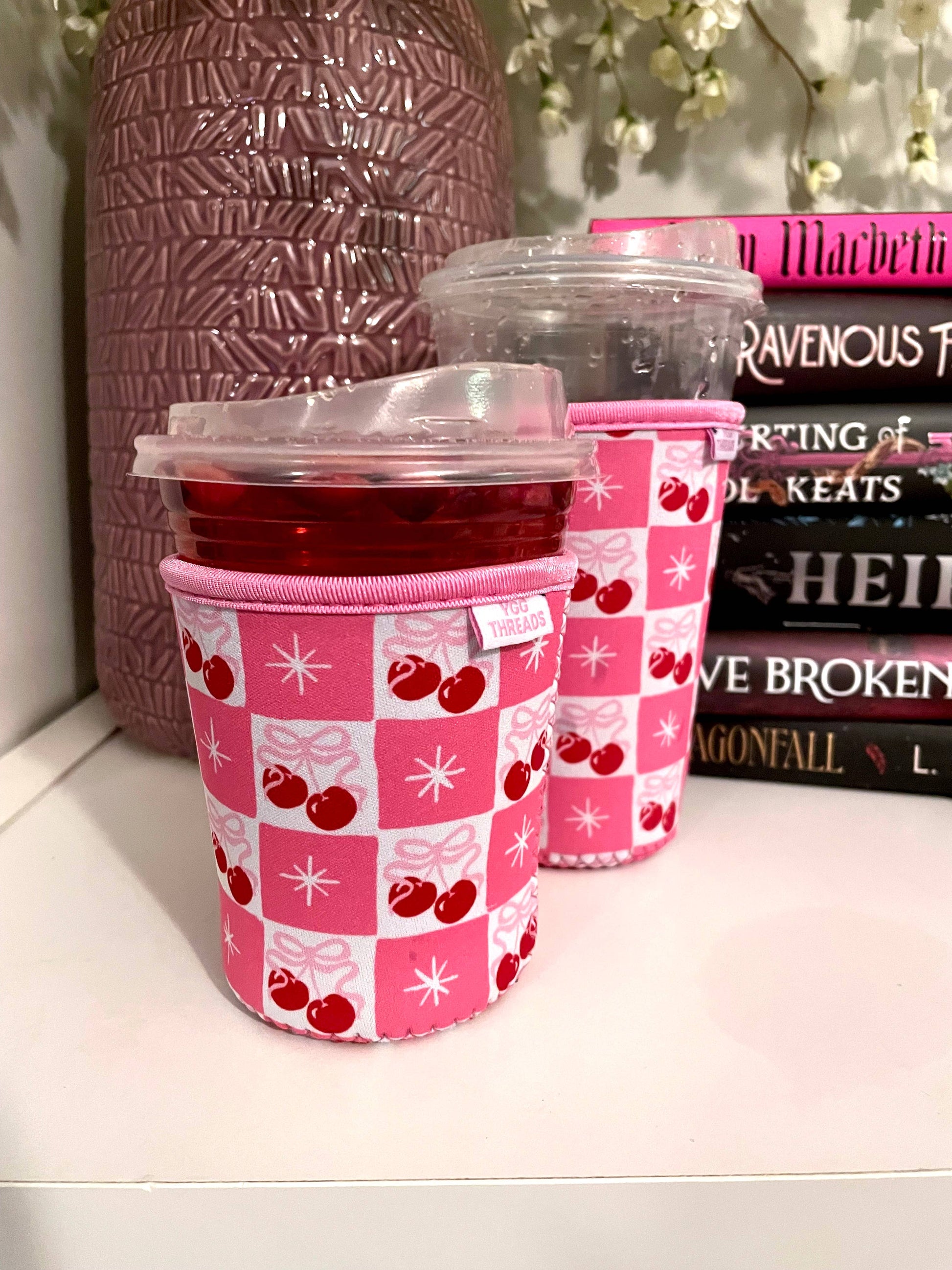 Cherry Bow Coquette Girl Iced Coffee Drink Sleeve - Small: Light Pink