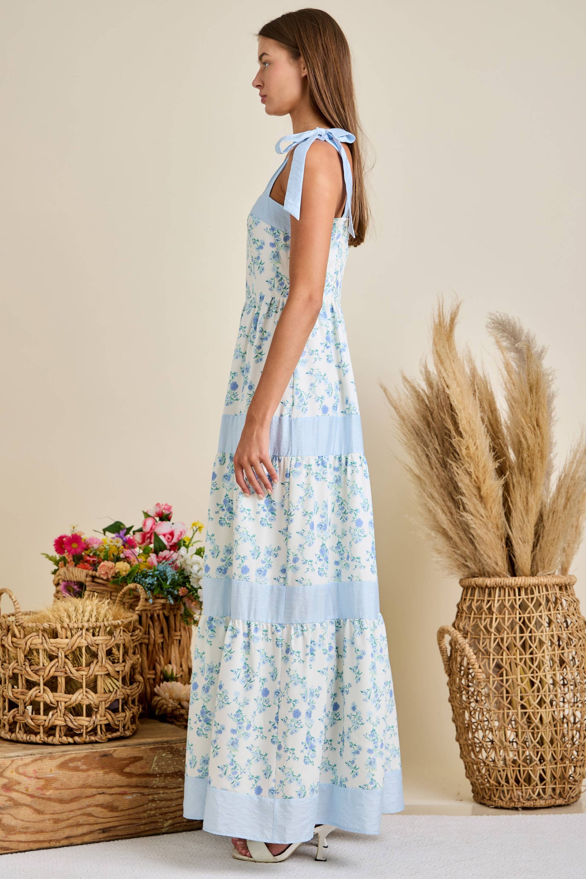 Floral Printed Maxi Shoulder Tie Dress