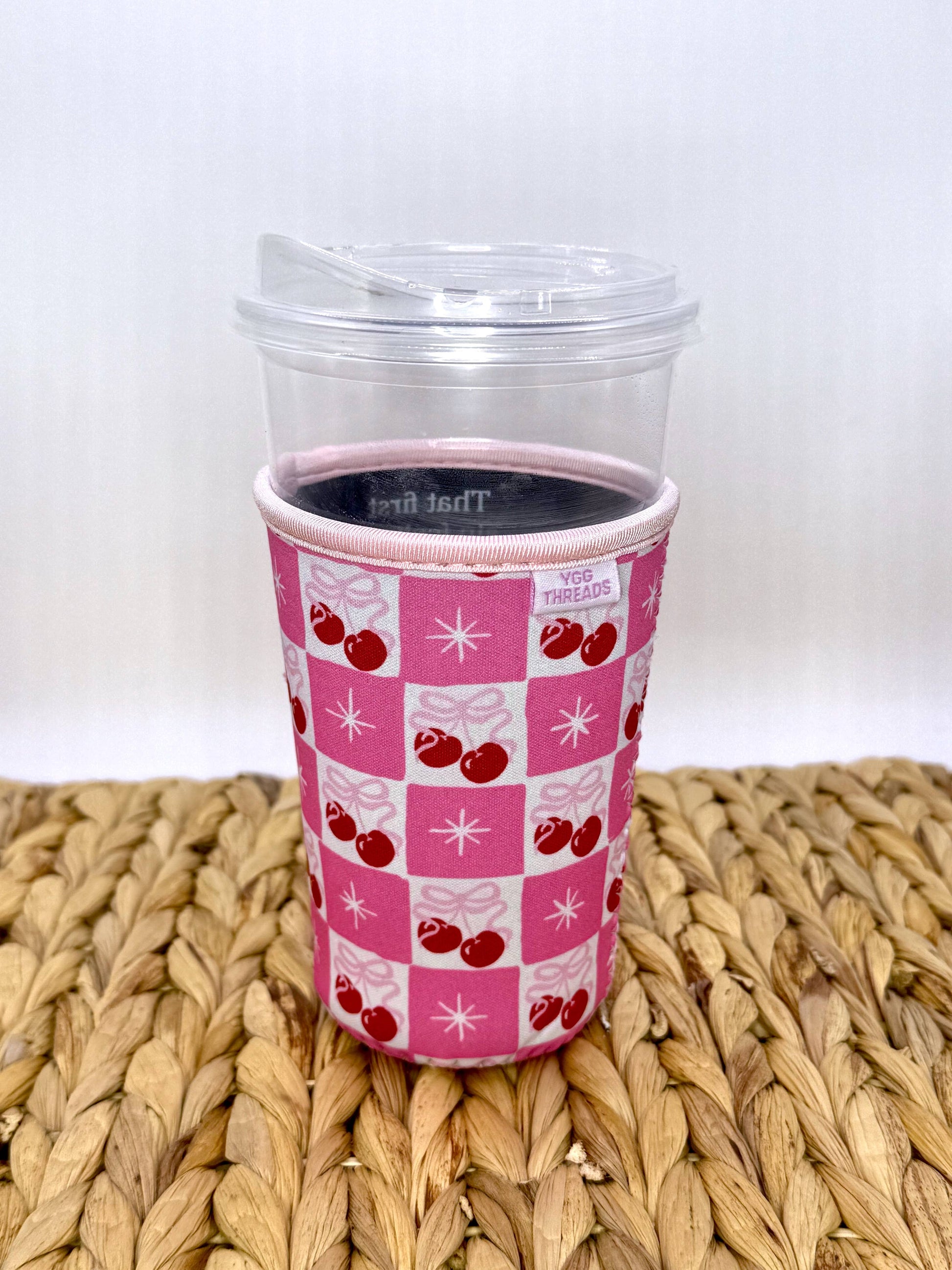 Cherry Bow Coquette Girl Iced Drink Sleeve - Medium: Light Pink