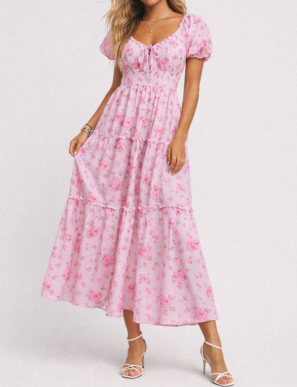 *Ladies Boho Floral Print Tie Neck Puff Sleeves Maxi Dress