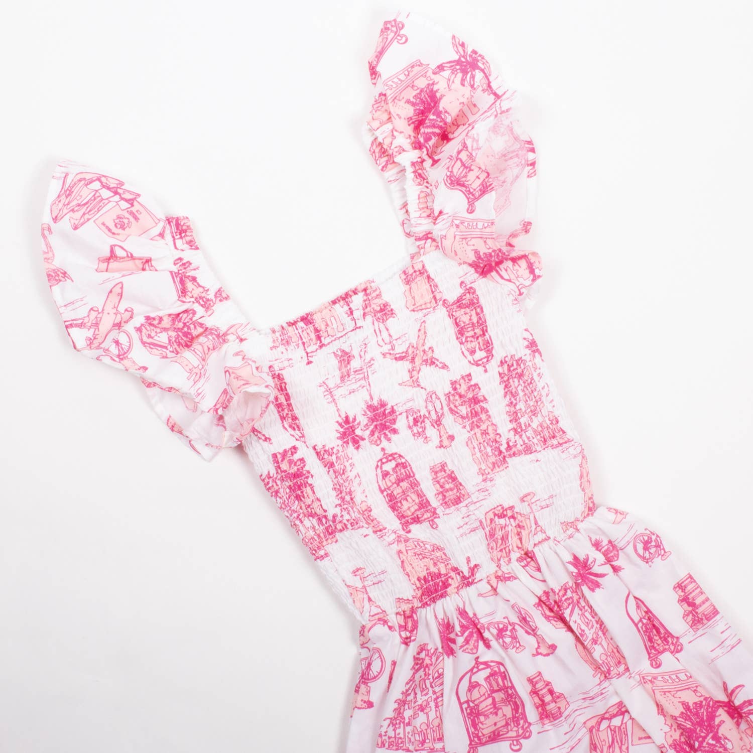 PINK TOILE SMOCKED FLUTTER SLEVE DRESS