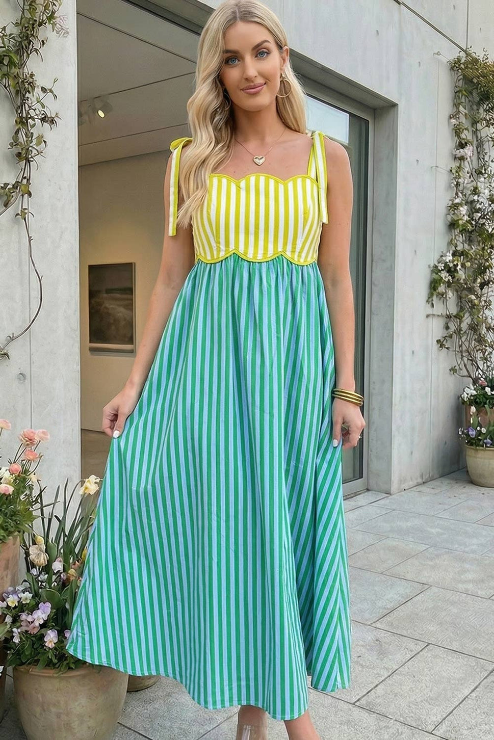*Striped Scalloped Trim Sleeveless Midi Dress