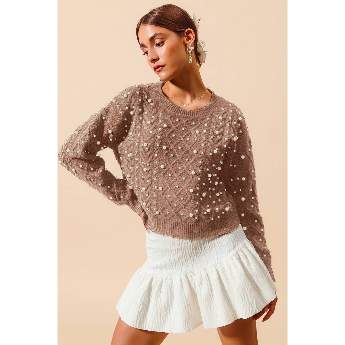 PEARL EMBELLISHED CABLE KNIT ROUND NECK SWEATER