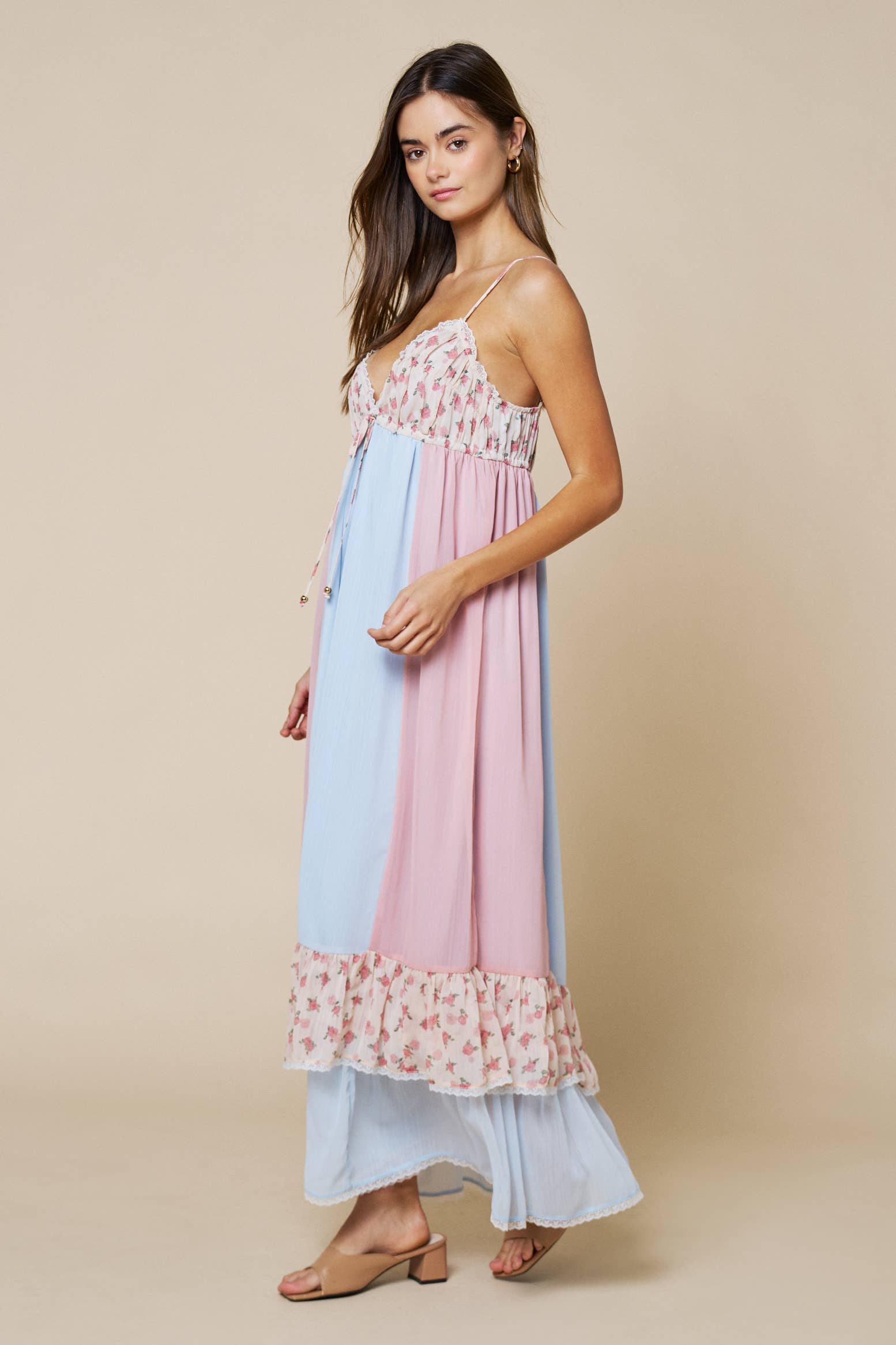 Floral Print Color Block Ruffled Sleeveless Maxi Dress