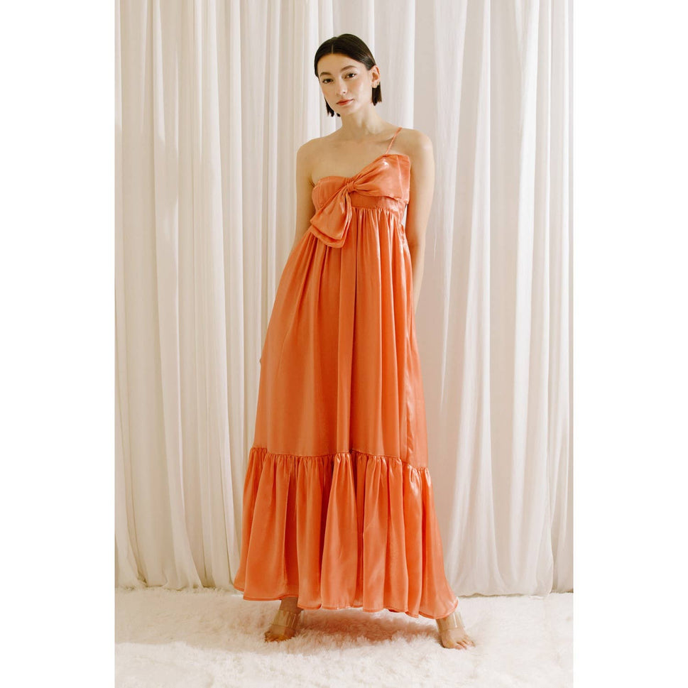 SATIN METALLIC SHEEN MAXI BOW DRESS