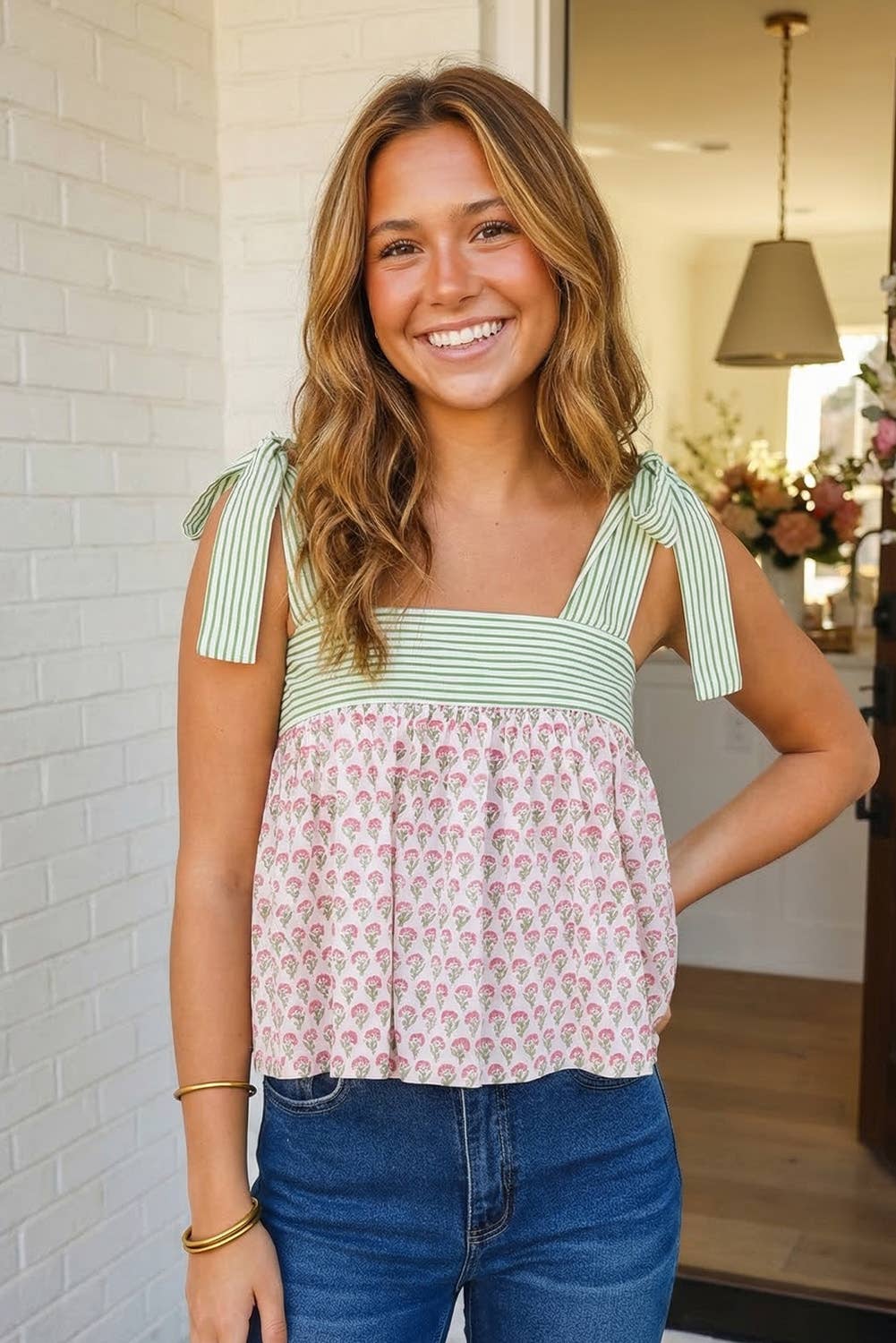 LAS-LIVE Floral Printed Knot Straps Babydoll Tank Top