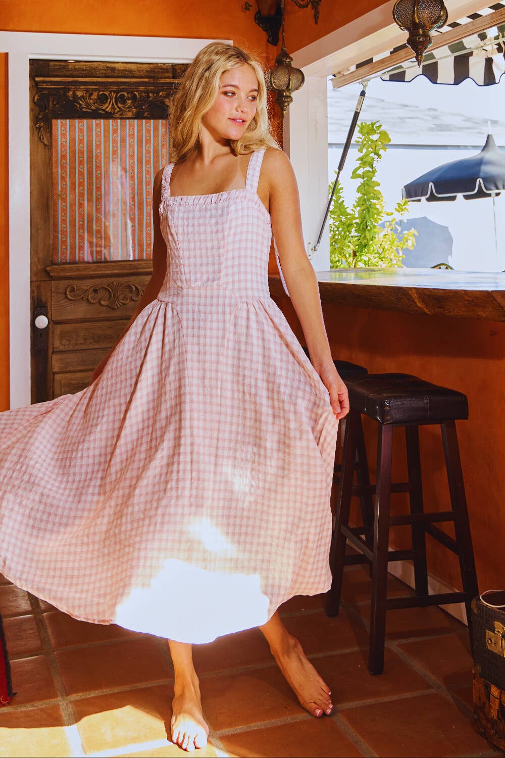 CONVERTIBLE SHOULDER STRAPS SMOCKED CHECK MIDI DRESS