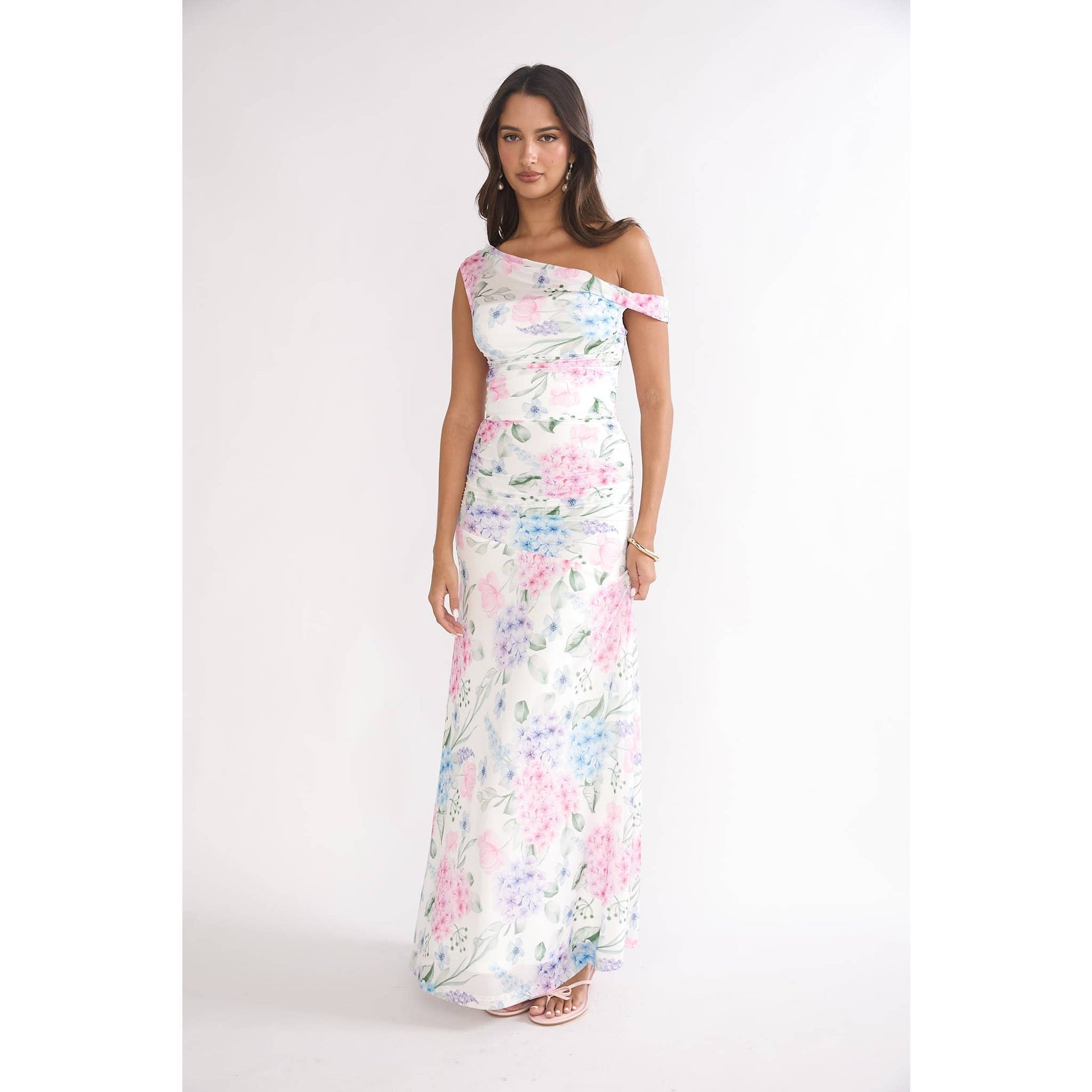 ASYMMETRIC ONE SHOULDER FLORAL MAXI DRESS: BLUE