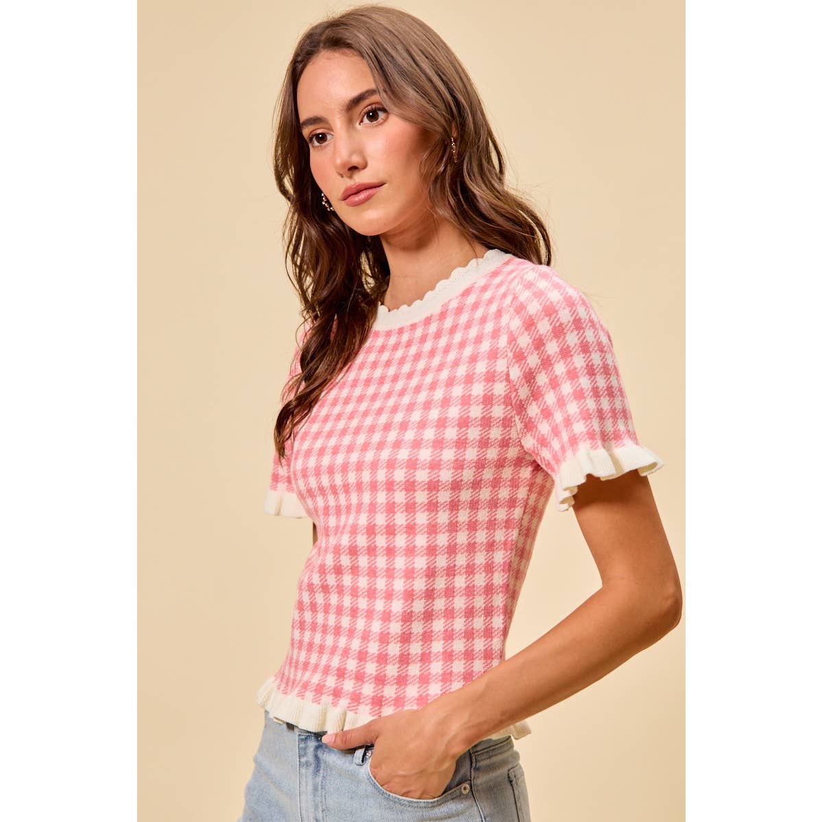 GINGHAM KNIT RUFFLED SHORT SLEEVES SWEATER TOP