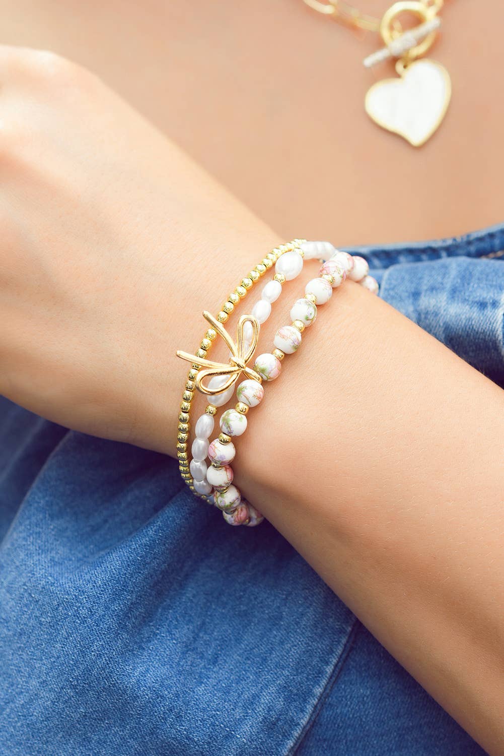 Bow Knot Charm Beaded Triple Layer Bracelet Set: Gold