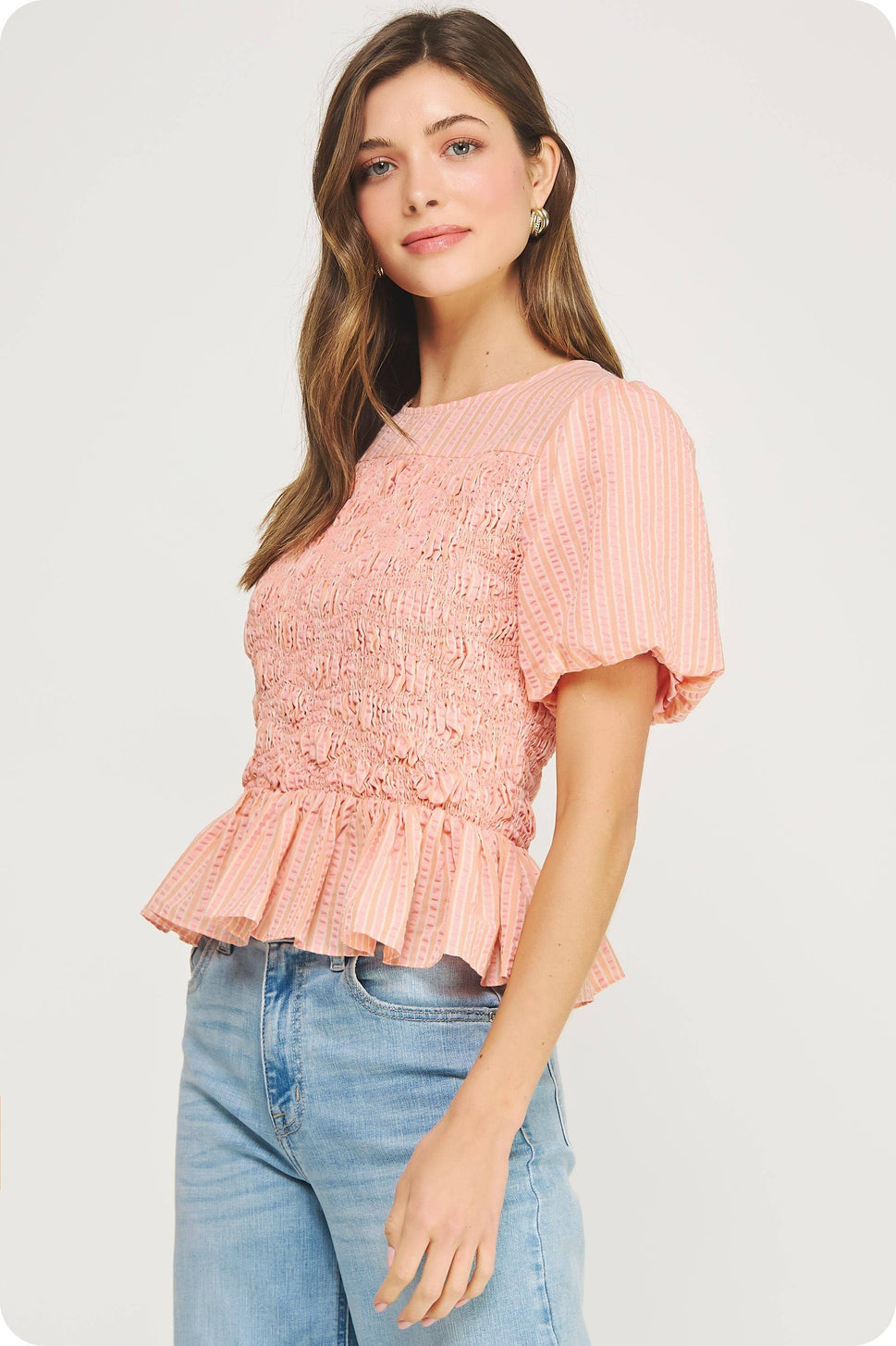 Wavy Smocking Detail Short Puff Sleeve Top