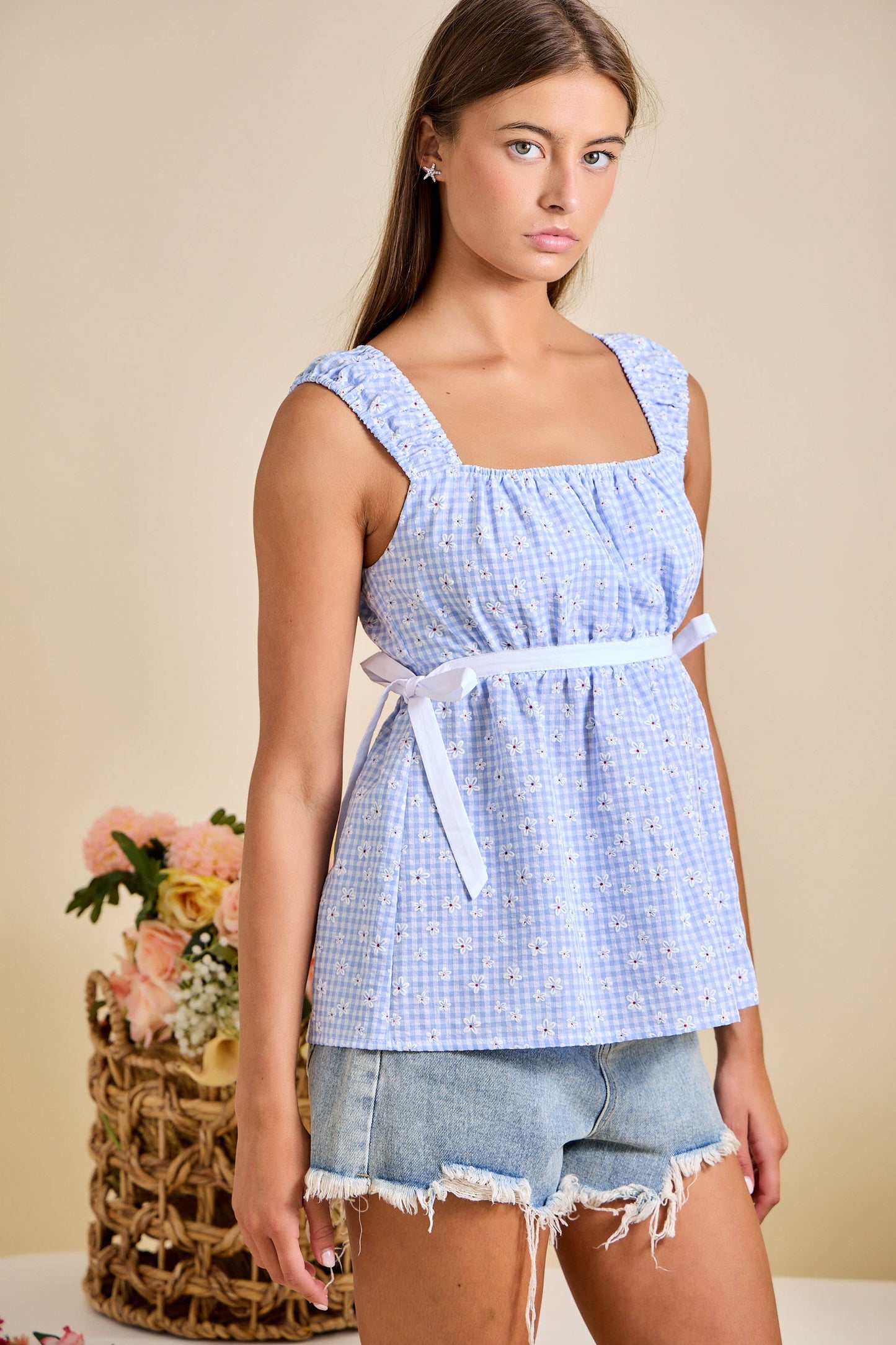 Smocked Ruffle Strap Peplum Top - Gingham Daisy