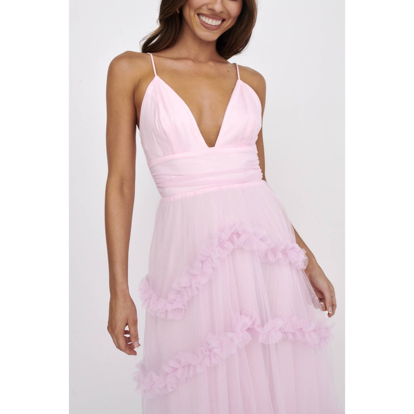 DEEP-V TIERED TULLE MIDI DRESS