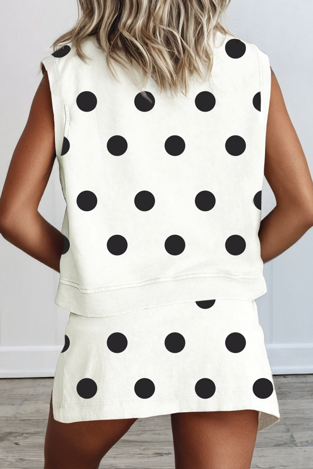 Ribbed Trim Polka Dot Tank Split Mini Skort Set
