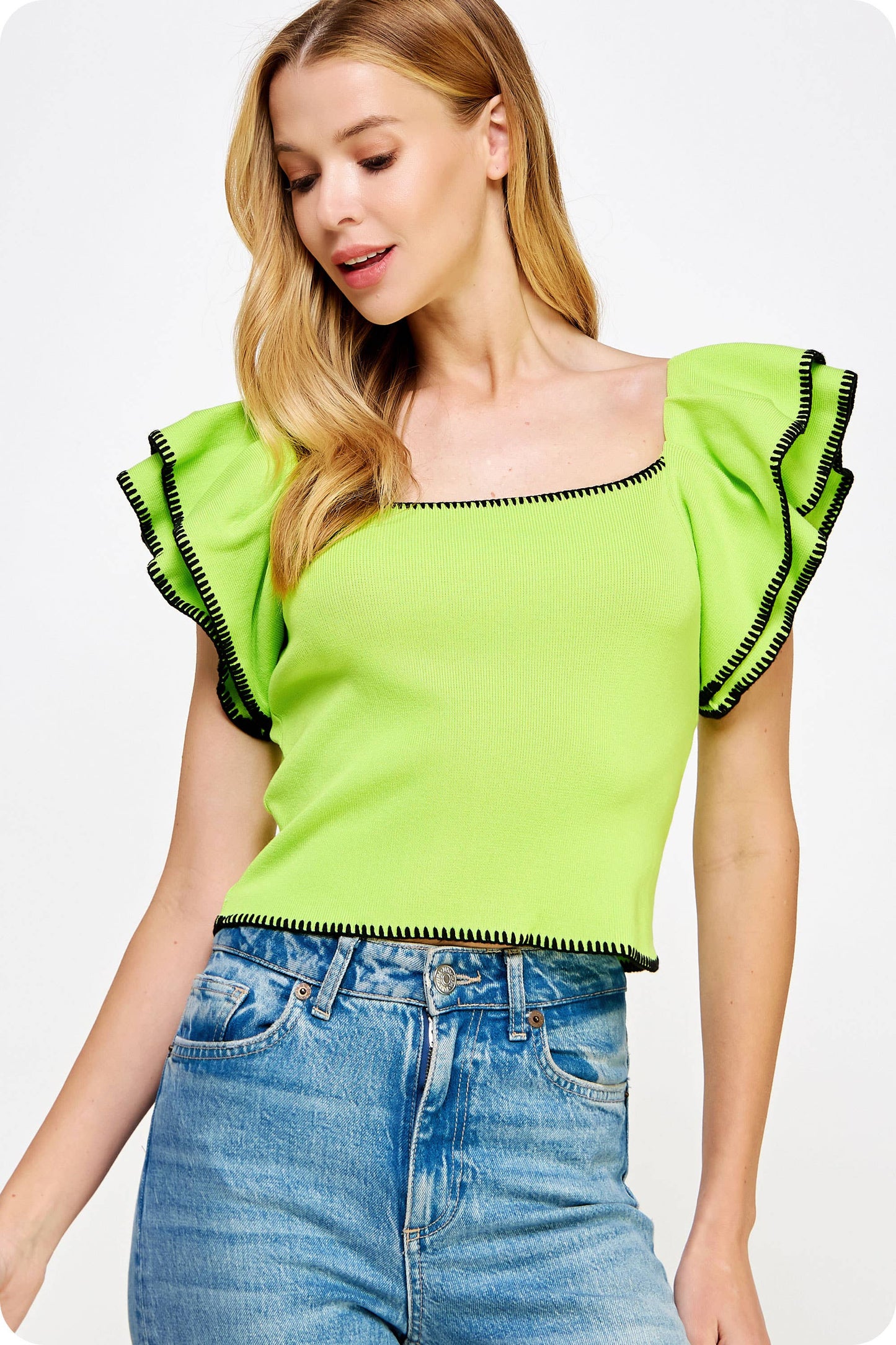 Embroidered Double Ruffled Short Sleeve Knit Top