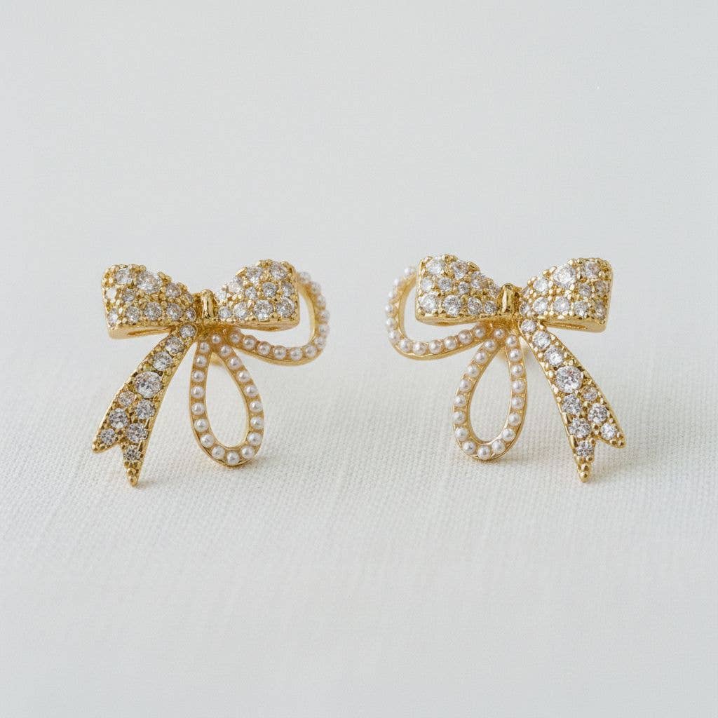 Vintage Inspired Pearl and Cubic Zirconia Bowknot Earrings