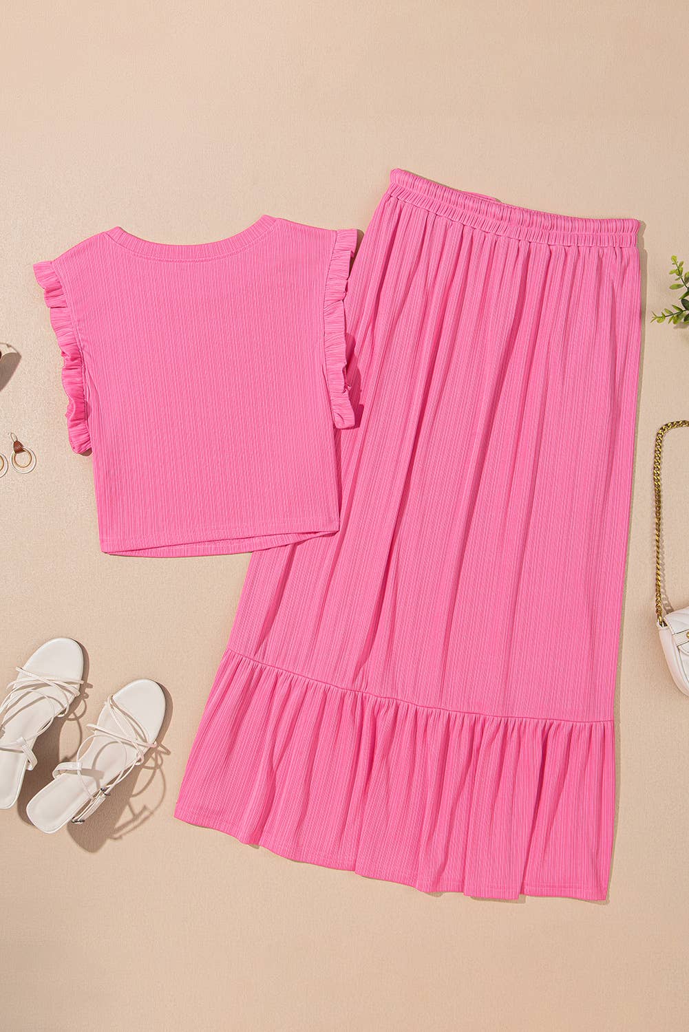 Textured Ruffle Trim Crop Vest Lace-up Long Skirt Set