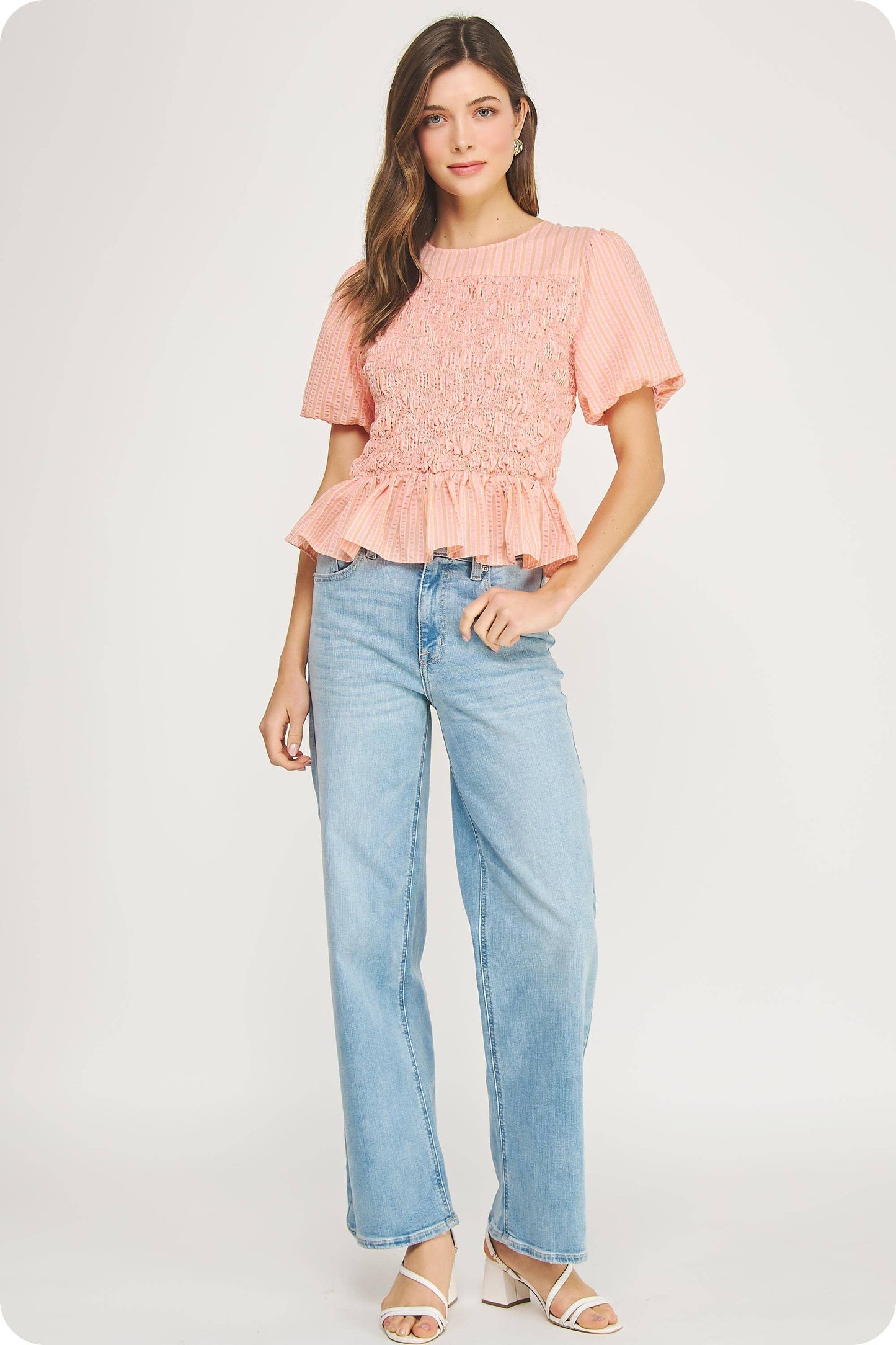 Wavy Smocking Detail Short Puff Sleeve Top