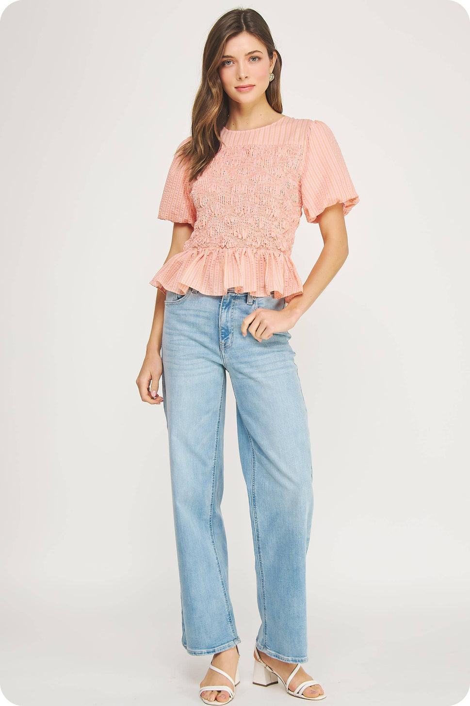 Wavy Smocking Detail Short Puff Sleeve Top
