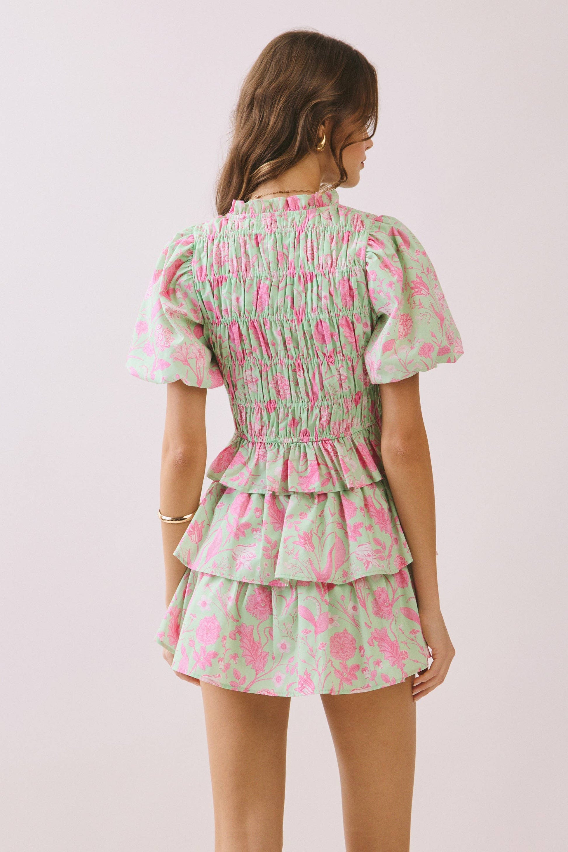 Floral Print Smocked Bodice Lace Up set