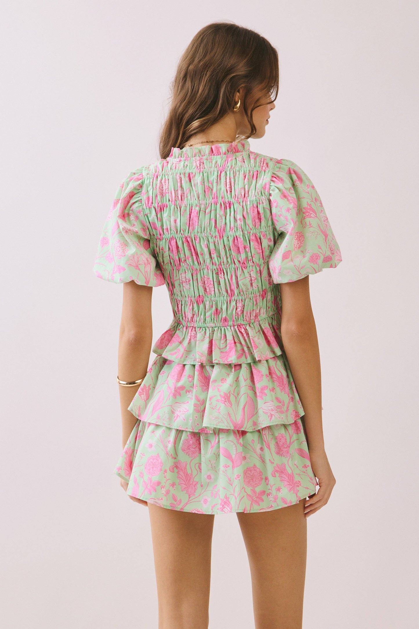 Floral Print Smocked Bodice Lace Up set