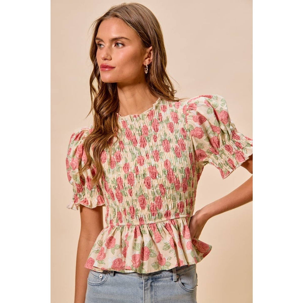 Floral Rose Print Smocked Short Sleeves Blouse Top: ROSE PINK