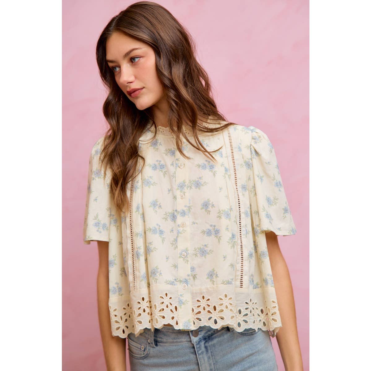 FLORAL PRINT LACE TRIM FLUTTER SLEEVES BLOUSE TOP