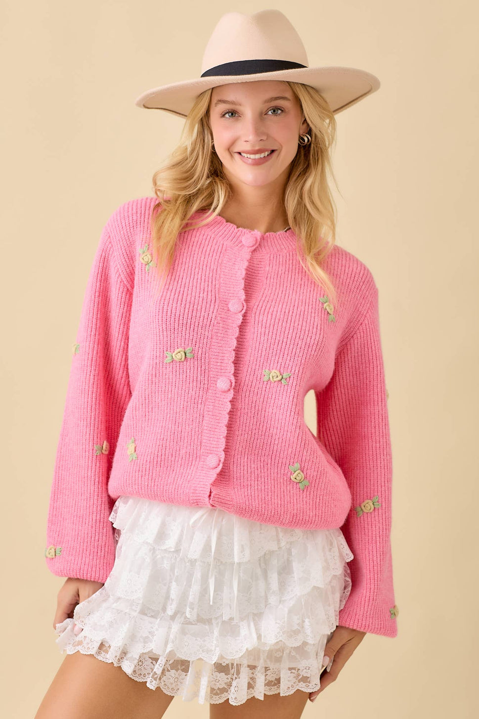 3D Flower Embroidered Knit Cardigan