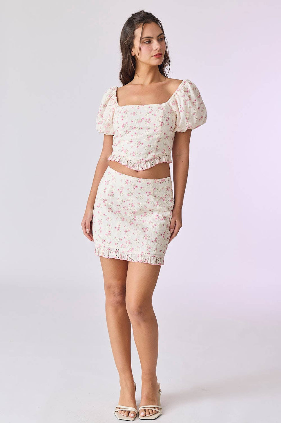 *Everly Printed Eyelet Set: Ivory/Pink