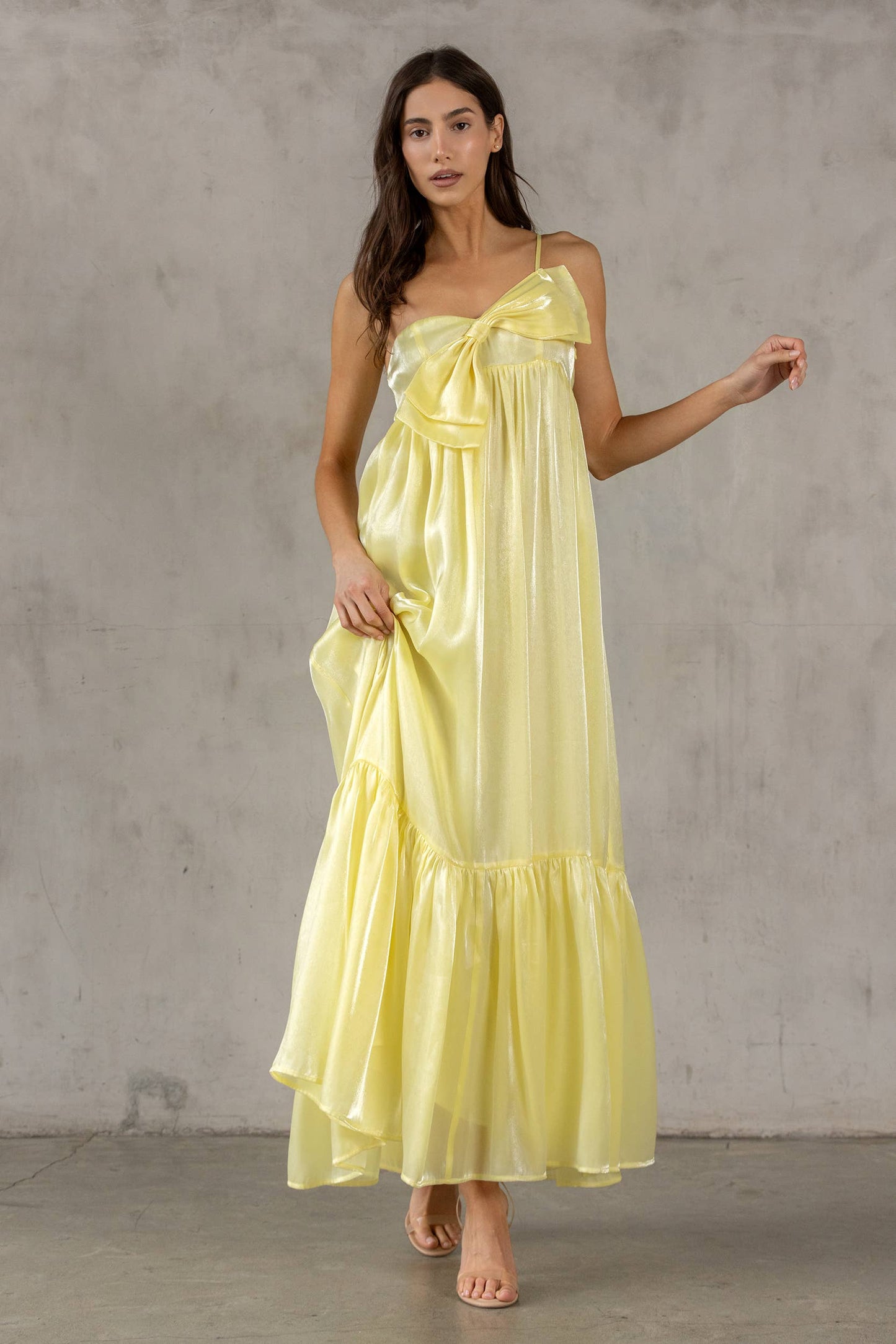 SATIN METALLIC SHEEN MAXI BOW DRESS