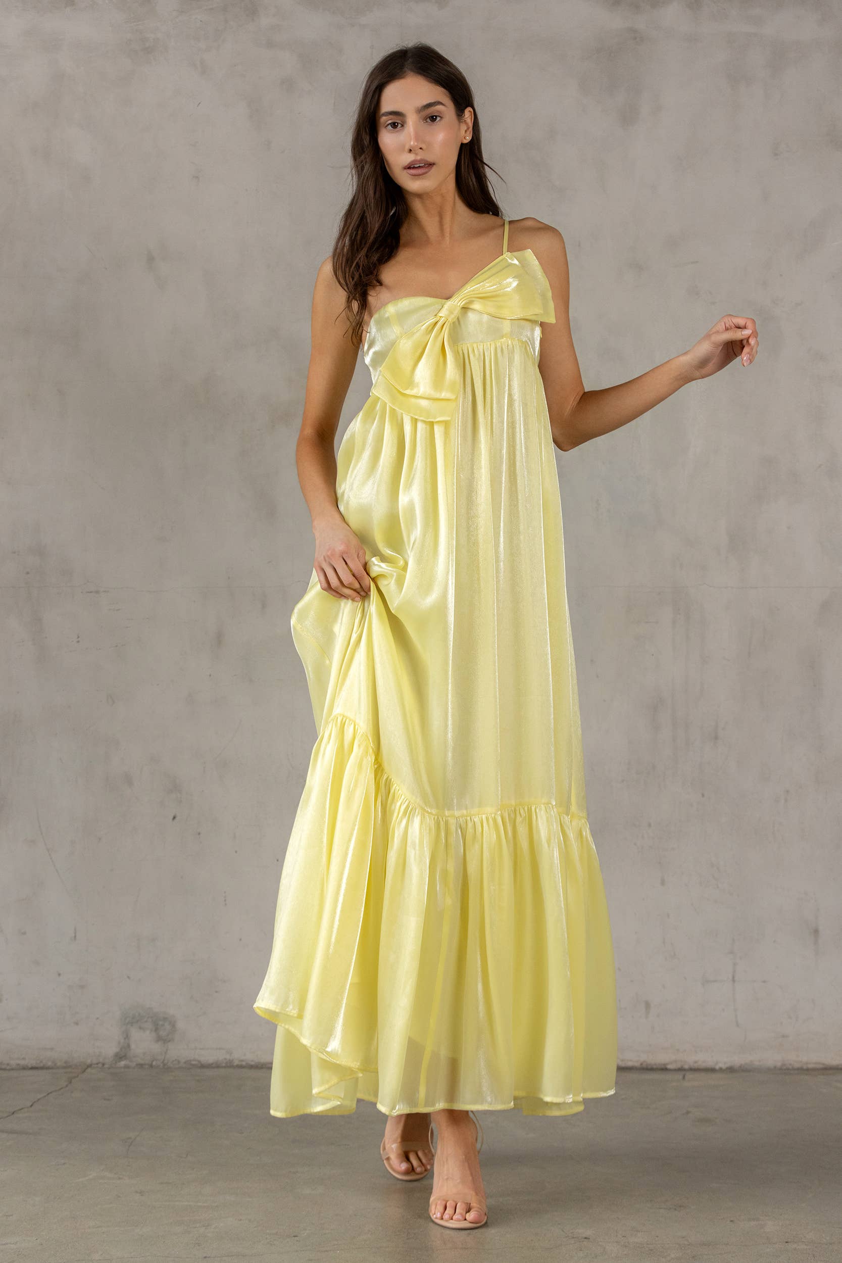 SATIN METALLIC SHEEN MAXI BOW DRESS