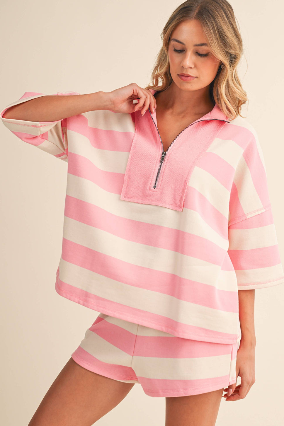 STRIPED HALF ZIP TOP AND SHORTS SET