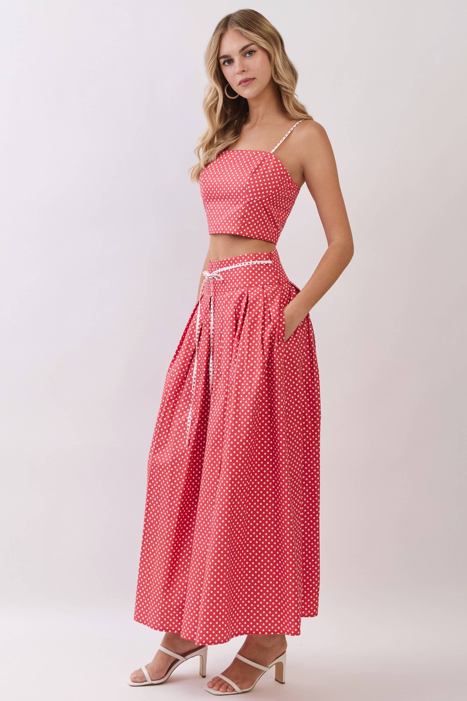 Polka Dot Pleated Maxi Skirt & Square Neck Crop Cami Top