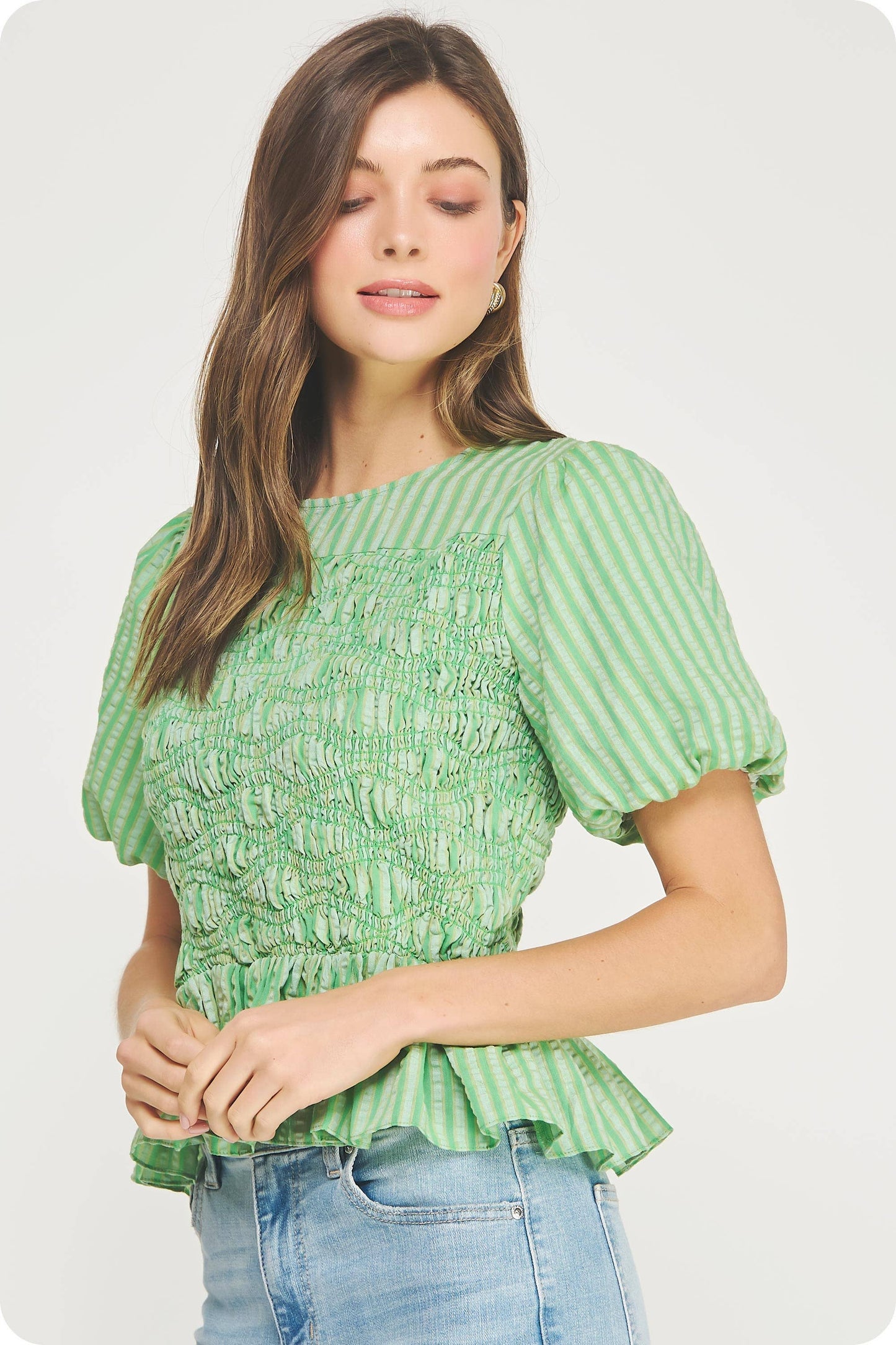 Wavy Smocking Detail Short Puff Sleeve Top