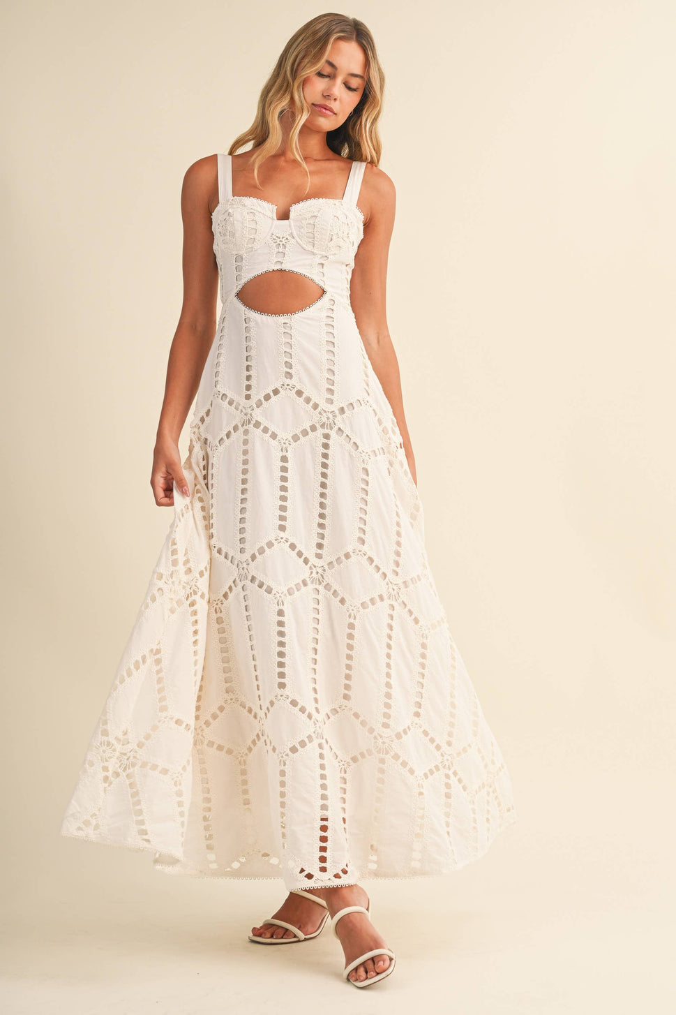 ID10399 EMBROIDERED CUTWORK BUSTIER FLARE LONG DRESS
