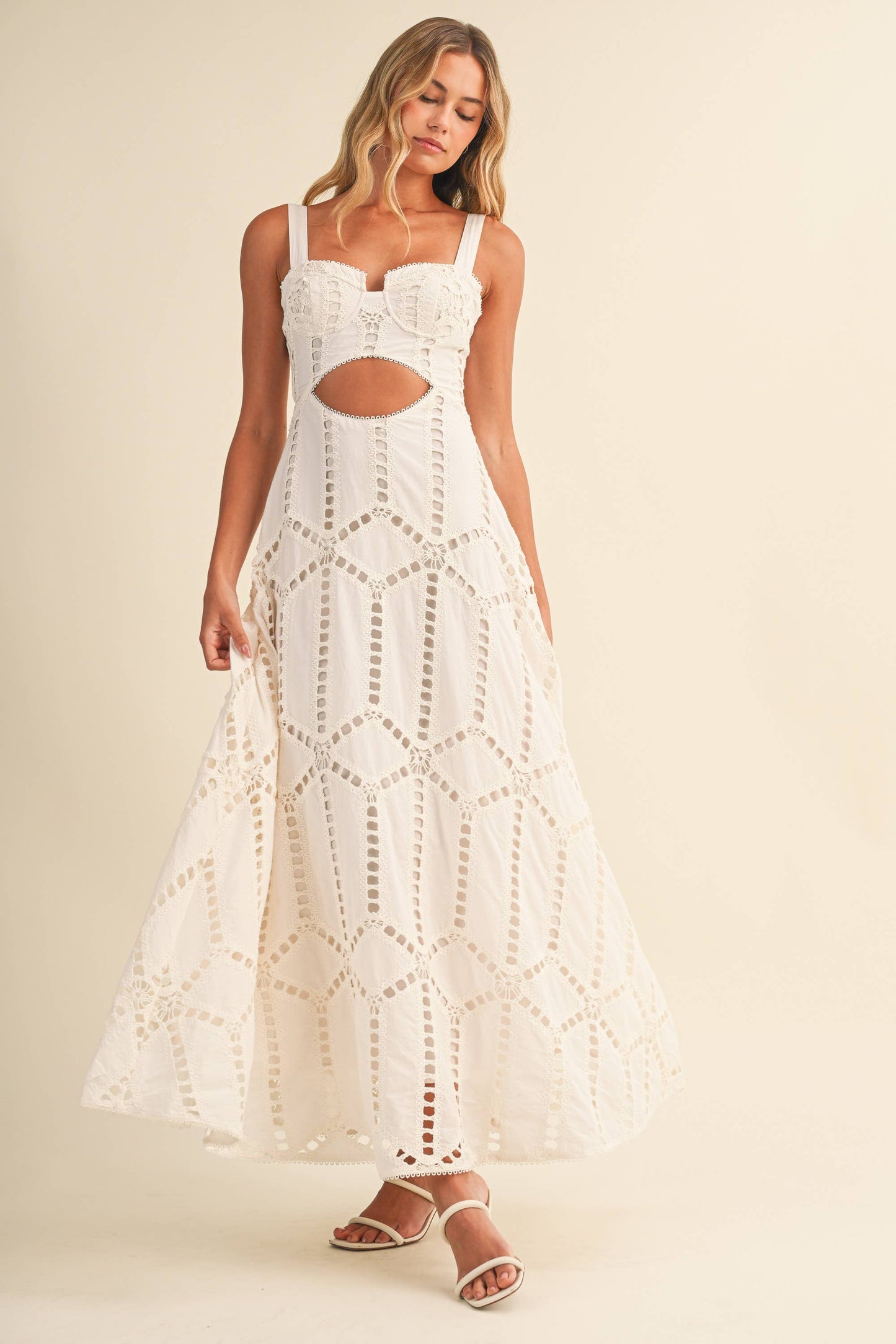 ID10399 EMBROIDERED CUTWORK BUSTIER FLARE LONG DRESS