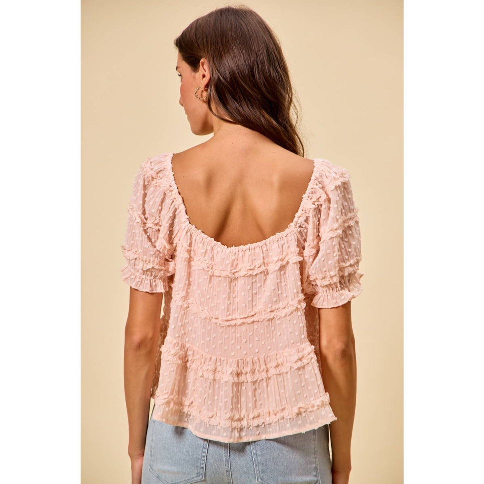 TEXTURED CLIP DOT RUFFLE SHORT SLEEVES BLOUSE TOP