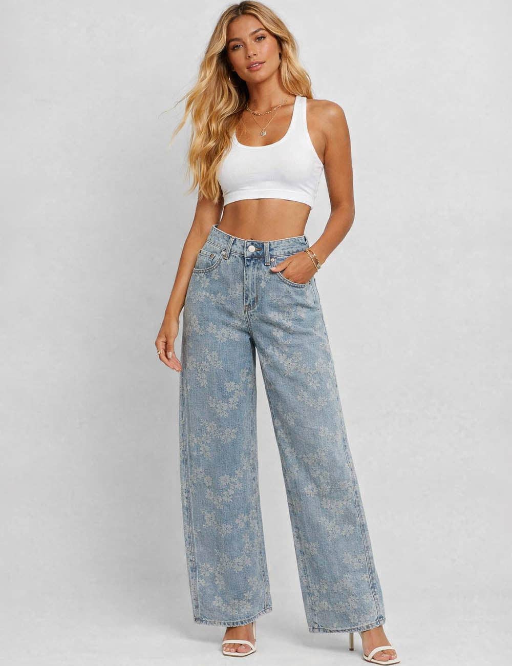 Ladies Floral Jacquard Button Pocket Wide Leg Denim Pants