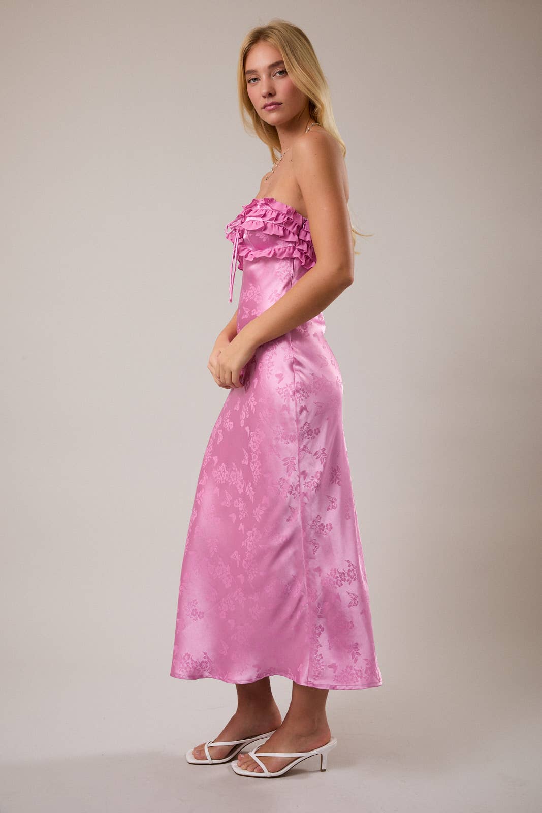 *Strapless Ruffle Detail Bias Midi Dress