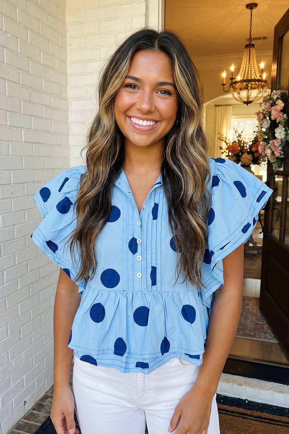 Polka Dot Print Ruffled Buttoned Collared Blouse