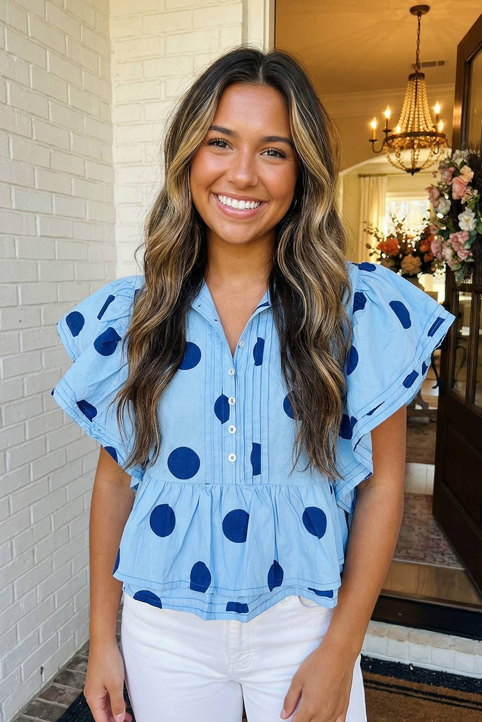 Polka Dot Print Ruffled Buttoned Collared Blouse