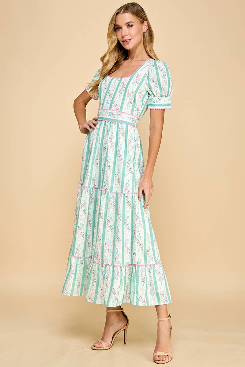 *Striped Floral Cinched Waist Midi Dress