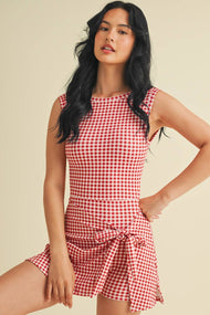 GINGHAM PRINT SLEEVELESS WRAP TIE FRONT DRESS